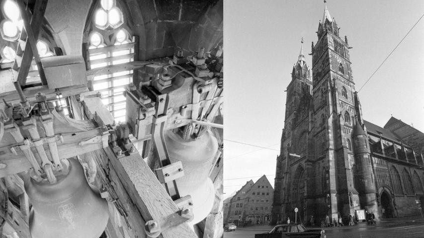 Schwere Balken tragen eine schwingende Last: interessanter Blick von oben auf den Glockenstuhl von St. Lorenz, auf den nur wenig Licht durch das gotische Maßwerk der Fenster fällt. Hier geht es zum Kalenderblatt vom 24. Dezember 1968: Festliches Geläut der Glocken
