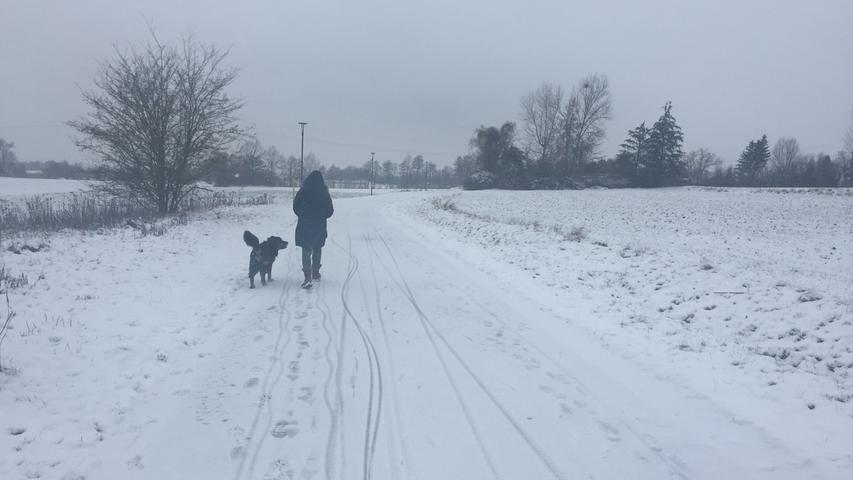 Gassigehen im Schnee, das macht Hund und Frauchen gleichermaßen Spaß.