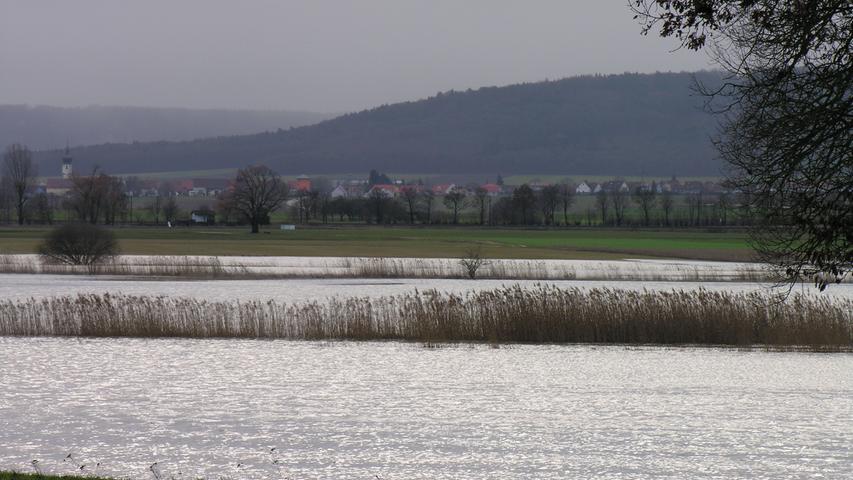 Bei Unterasbach kommt das Altmühlwasser fast bis ans Dorf heran, im Hintergrund ist Dittenheim zu sehen.