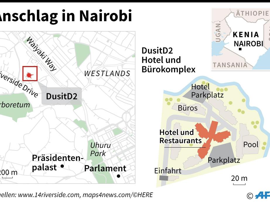 Die Karte zeigt Kenias Hauptstadt Nairobi mit dem Hotel-Komplex DusitD2.