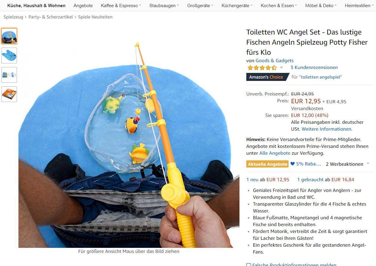 Sieben Stunden sitzen Männer pro Jahr auf der Toilette, ergab eine britische Studie im September 2018 - angeblich einfach nur, um ihre Ruhe zu haben. Eine andere Möglichkeit: Sie angeln. 12,95 Euro kostet dieses WC-Angel-Set bei Amazon. Nützlich, wenn es mal wieder länger dauert. Anmerkung: Diese Bildergalerie wurde 2019 erstmals veröffentlicht. Es ist also möglich, dass es manche Produkte nicht mehr gibt oder sich die Preise geändert haben.