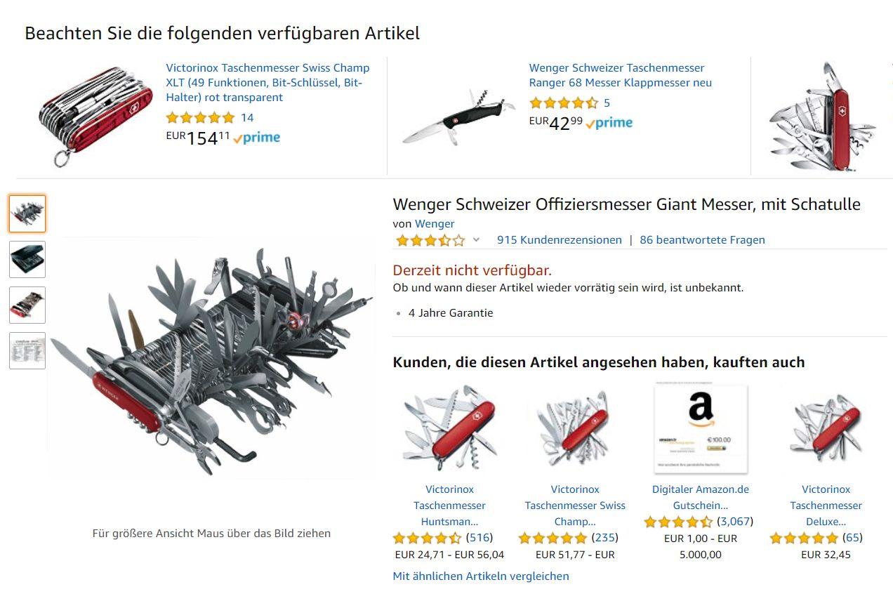 Ein Klassiker bei Amazon: Das mittlerweile leider vergriffene Wenger Giant. Rund 1000 Euro hat das Monster gekostet - unbezahlbar dagegen sind die Rezensionen von angeblichen Käufern. Von Klagen über die fehlende Einbauküche bis hin zu Kritik an der umständlichen Lieferung via Schwertransport ist alles geboten, was Freude macht.