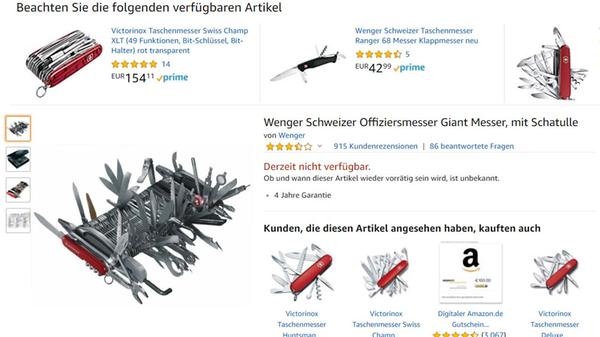 Ein Klassiker bei Amazon: Das mittlerweile leider vergriffene Wenger Giant. Rund 1000 Euro hat das Monster gekostet - unbezahlbar dagegen sind die Rezensionen von angeblichen Käufern. Von Klagen über die fehlende Einbauküche bis hin zu Kritik an der umständlichen Lieferung via Schwertransport ist alles geboten, was Freude macht.