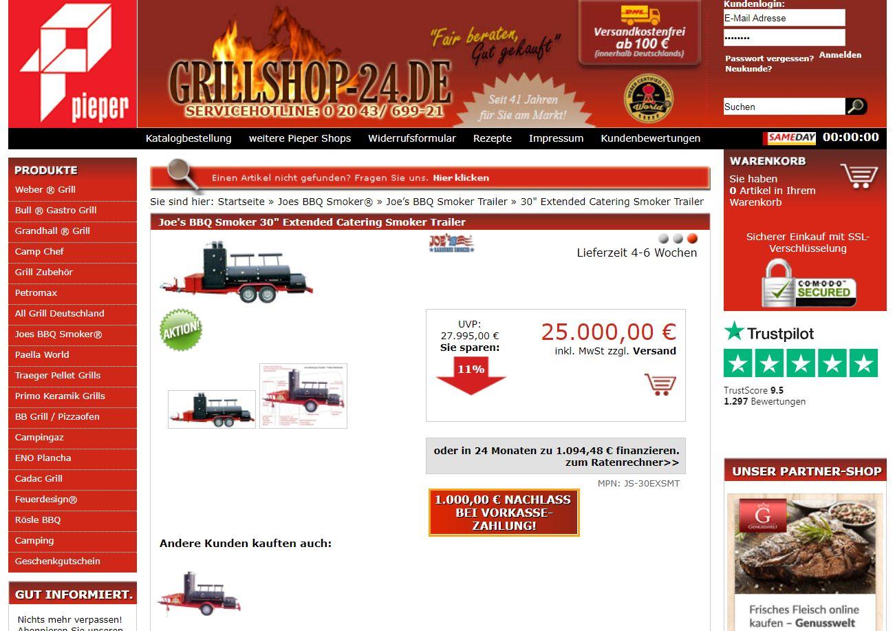 Joe's BBQ Smoker 30" Extended Catering Smoker Trailer! Was für ein Name! Dieser kompakte Grill ist genau das, was Sie brauchen, wenn Ihr Nachbar ihr verdammt grünes Gras, Ihre unglaublich gut gelaunten Pflanzen und auch die formschöne Orgonit-Säule beharrlich ignoriert. Einen kleinen Kredit aufnehmen, und schön können Sie grillen, als gäbe es kein Morgen. Und Dank Ihrer Orgonit-Säule verwandelt sich der Dreck, den Sie dabei in die Luft blasen, sofort in reinste positive Energie. Grillen für die Umwelt gewissermaßen. Großartig.