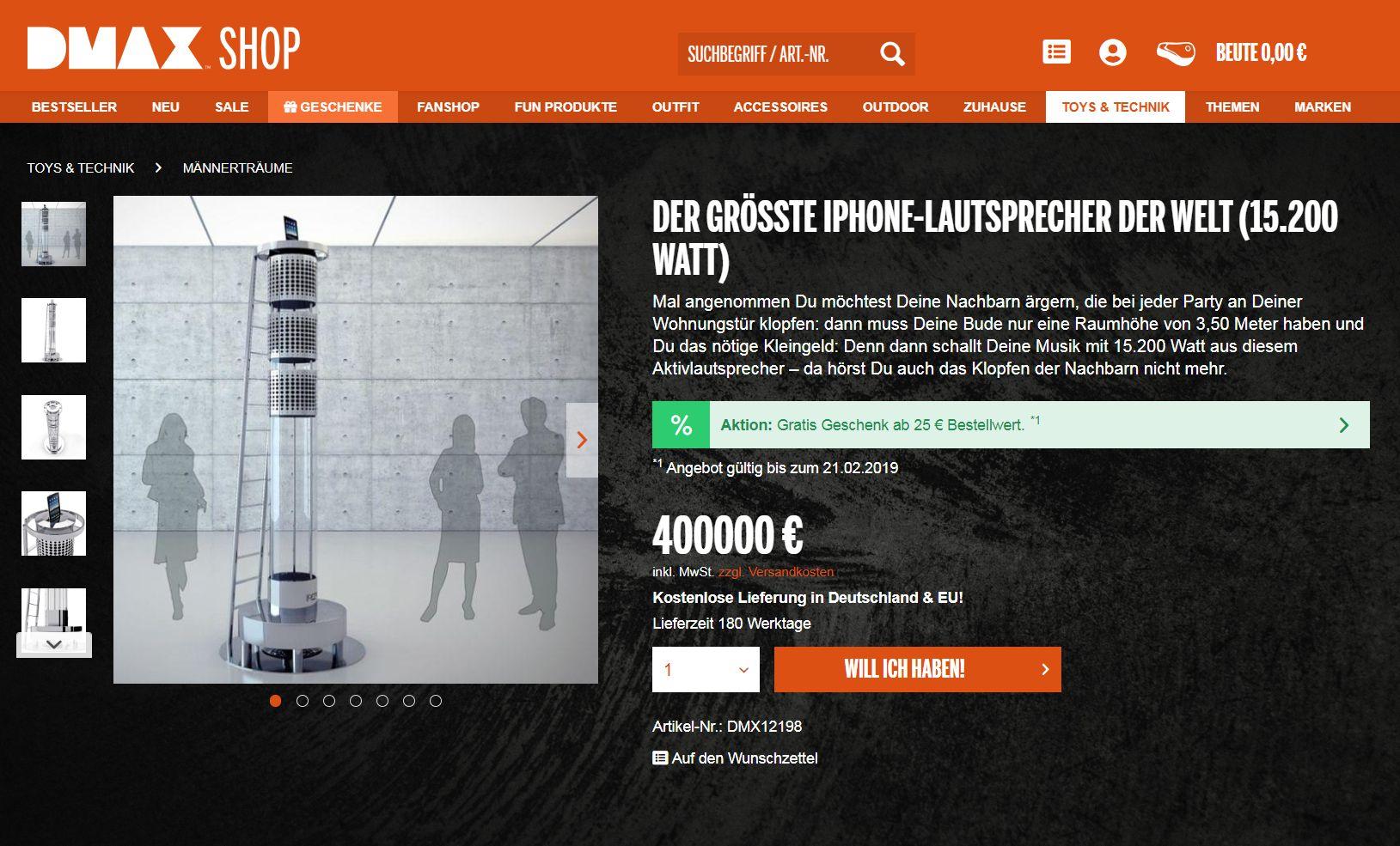 Also gut. Sie haben verdammt grünes Gras, unglaublich gut gelaunte Pflanzen, eine formschöne Orgonit-Säule, den Joe's BBQ Smoker 30" Extended Catering Smoker Trailer und ein Nashorn in ihrem Garten - und trotzdem ist Ihr Nachbar immer noch nicht beeindruckt? Dann wird es Zeit, die wirklich schweren Geschütze aufzufahren: Blasen Sie ihn weg - mit den 15.200 Watt dieses iPhone-Lautsprechers! Kostet zwar so viel wie ein Eigenheim, aber die Lieferung ist kostenlos - und da ein Bestellwert von 25 Euro überschritten wird, gibt es sogar ein Gratis-Geschenk dazu.