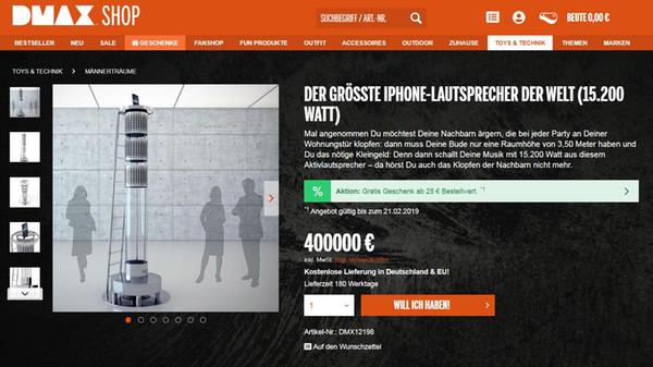 Also gut. Sie haben verdammt grünes Gras, unglaublich gut gelaunte Pflanzen, eine formschöne Orgonit-Säule, den Joe's BBQ Smoker 30" Extended Catering Smoker Trailer und ein Nashorn in ihrem Garten - und trotzdem ist Ihr Nachbar immer noch nicht beeindruckt? Dann wird es Zeit, die wirklich schweren Geschütze aufzufahren: Blasen Sie ihn weg - mit den 15.200 Watt dieses iPhone-Lautsprechers! Kostet zwar so viel wie ein Eigenheim, aber die Lieferung ist kostenlos - und da ein Bestellwert von 25 Euro überschritten wird, gibt es sogar ein Gratis-Geschenk dazu.