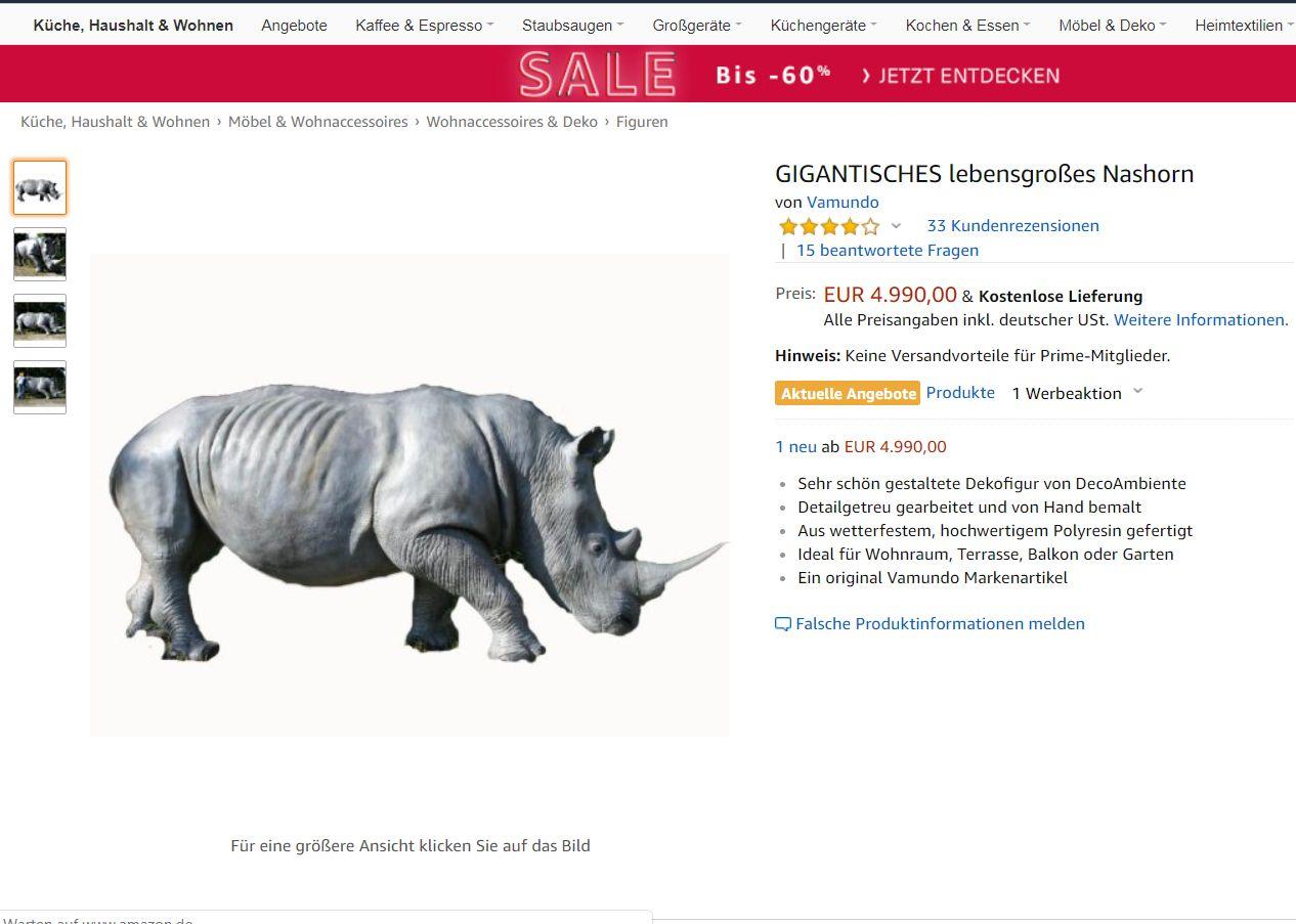 Darf neben dem Joe's BBQ Smoker 30" Extended Catering Smoker Trailer in keinem Garten fehlen: Das lebensgroße Nashorn für knapp 5000 Euro. Großwildjäger-Flair beim Grillen - mehr ungefilterte, rohe Männlichkeit geht nicht.