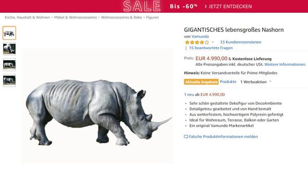 Darf neben dem Joe's BBQ Smoker 30" Extended Catering Smoker Trailer in keinem Garten fehlen: Das lebensgroße Nashorn für knapp 5000 Euro. Großwildjäger-Flair beim Grillen - mehr ungefilterte, rohe Männlichkeit geht nicht.
