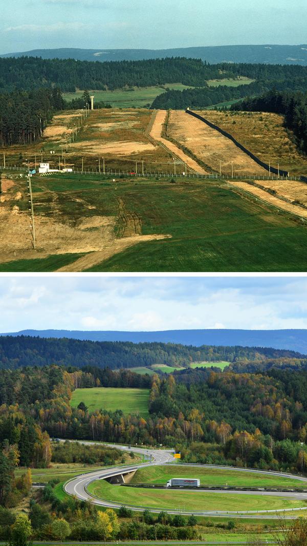Wo heute die A73-Autobahnauffahrt Eisfeld-Süd liegt (unten), befand sich früher die innerdeutsche Grenze mit dem Grenzübergang bei Rottenbach (oben).