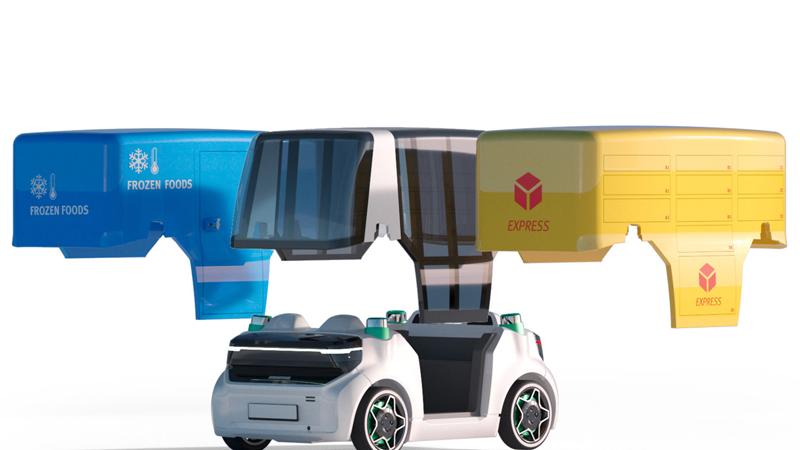 Das elektrisch und autonome "Mover" entspricht längentechnisch in etwa dem Smart und kombiniert eine flexible Technikplattform mit rasch austauschbaren Aufbauten, bei denen es sich um die Passagierzelle eines Robo-Taxis handeln kann, aber auch um einen Cargo-Container.