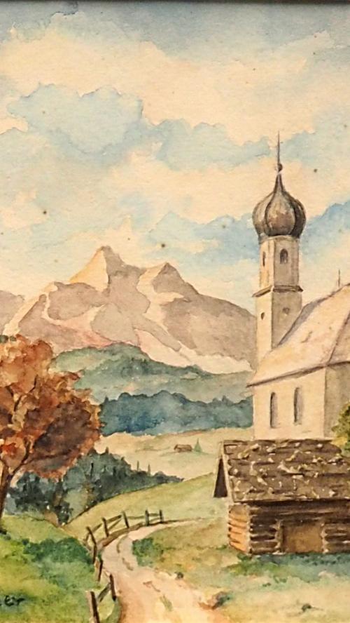 Zu den angebotenen Bildern zählte beispielsweise dieses Aquarell einer Berglandschaft mit Bergkirche und Heuschober.