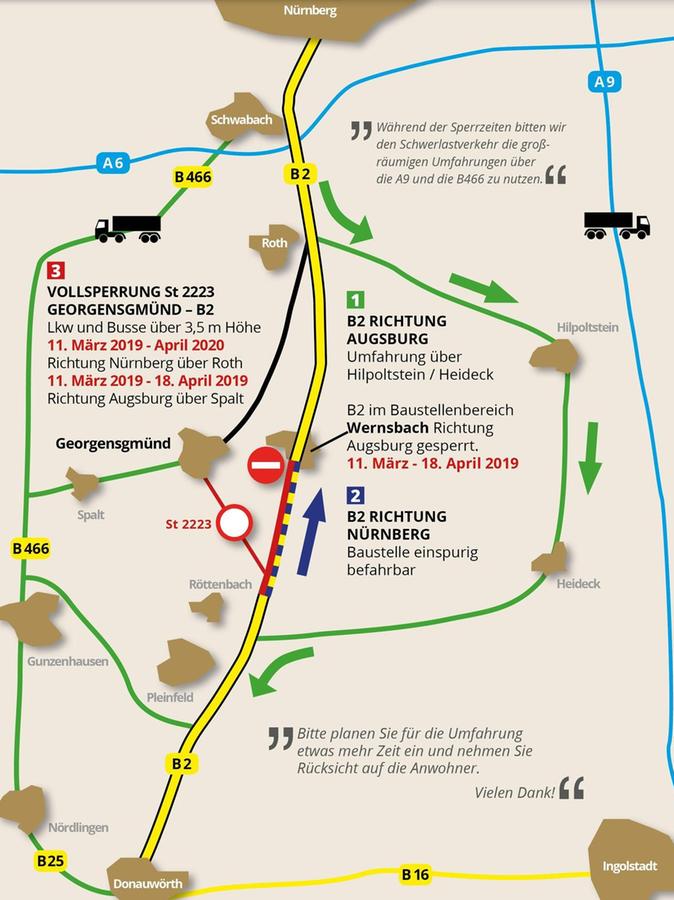 Die Infografik des Bauamts zeigt den Umweg über Hilpoltstein und Heideck, den Fahrer während der Sperre auf sich nehmen müssen.