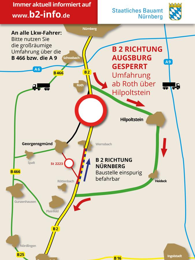 Lkw verstopfen Dörfer bei Roth: B2-Umleitung geändert