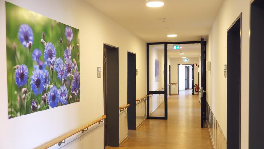 Die vier Hausgemeinschaften des neuen Treuchtlinger Rotkreuz-Pflegeheims sind nach Blumen benannt und farblich gestaltet – hier der Hauptflur der Gruppe „Kornblume“ (blau).