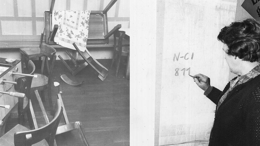 Umgestürzte Tische und Stühle zeugen von dem Überraschungsangriff der Schausteller (links). – Geistesgegenwärtig schreibt die Pächterin der Gastwirtschaft, Anna B., die Zulassungsnummer des Wagens auf die Plakatwand vor der Tür, wohin sie den Tätern gefolgt war. Hier geht es zum Artikel vom 23. April 1969: Überfall in Wildwest-Manier