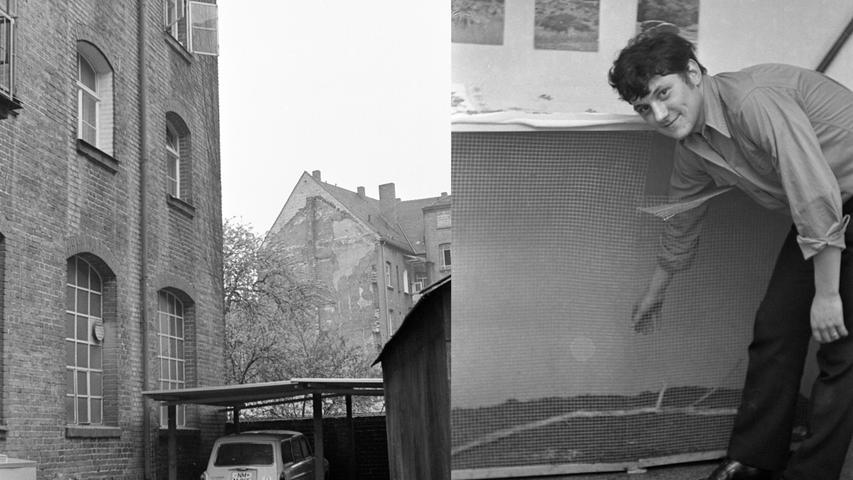 Horst F. vor dem Käfig, aus dem die Katze ausgerissen ist (rechts). Von dem Fenster im dritten Stock sprang „Sascha“ in den Hof. Seitdem ist das Tier nicht mehr gesehen worden. Hier geht es zum Artikel vom 28. April 1969: Raubkatze riß aus