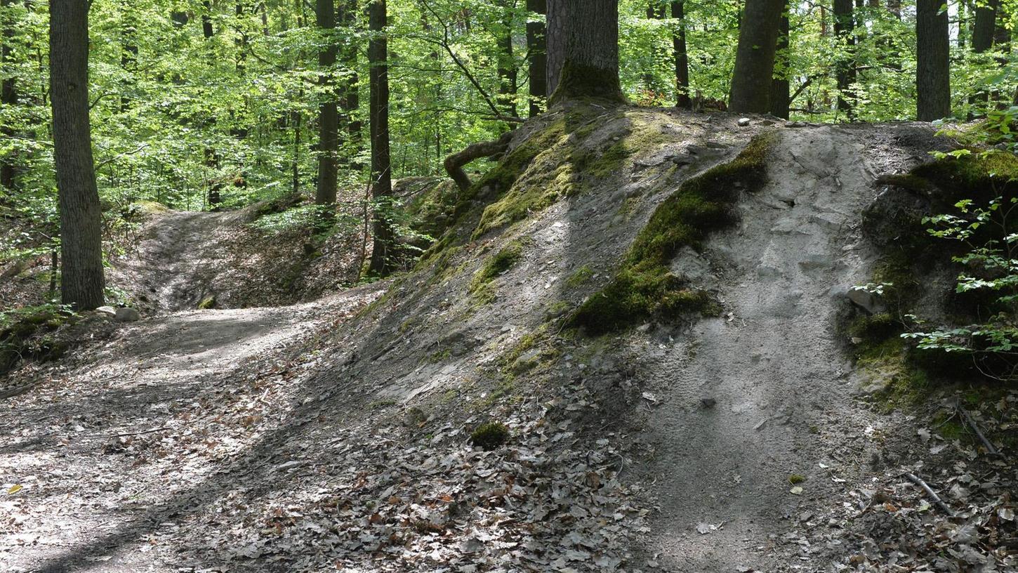 Die Spuren von Zweirädern sind im Meilwald südlich von Rathsberg deutlich zu sehen. Das hügelige Gelände ist für Mountainbike-Fahrer interessant.