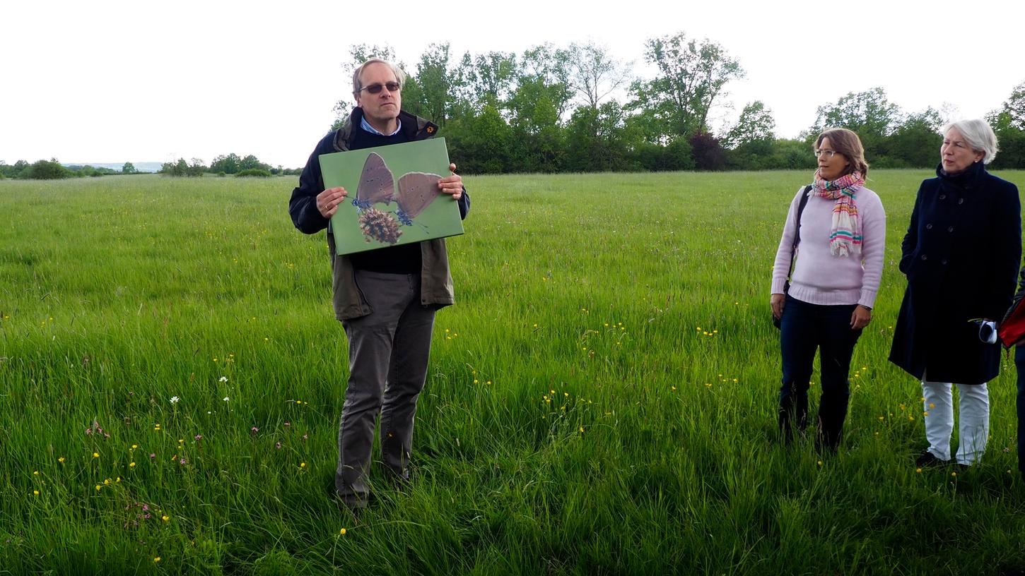 Ortstermin auf der Biotopfläche südlich der Sandäcker: Forchheims BN-Chef Ulrich Buchholz (links) mit einem Bild des Schwarzblauen Wiesenknopfbläuling. Daneben: die FGL-Stadträtinnen Annette Prechtel und Heike Schade (rechts).