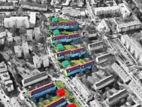 Den vom Baukunstbeirat gelobten Entwurf der Vonovia für sieben neue Häuser (rot und grün) an der Sebald-Heyden-Straße finden nicht alle Anwohner gut.