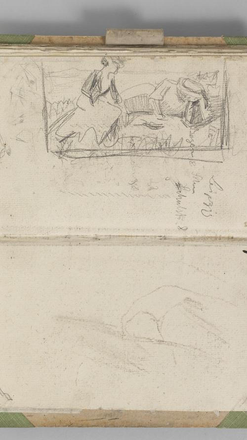 Ein Kompositionsentwurf, der zwei Frauen am Berg zeigt. Franz Marc zeichnete sie im Jahr 1906.