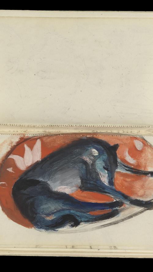 Dient als Plakatmotiv der Ausstellung: "Blauer Wolf auf rotem Oval liegend" aus dem Skizzenbuch Nummer XXVI.