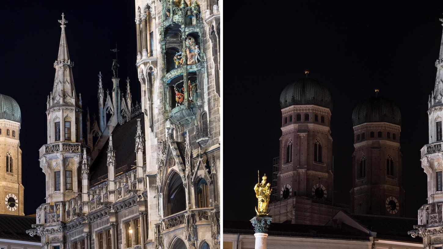Die Frauenkirche und das Rathaus am 25. März 2017 in München , beleuchtet vor (links) und unbeleuchtet während der "Earth Hour".