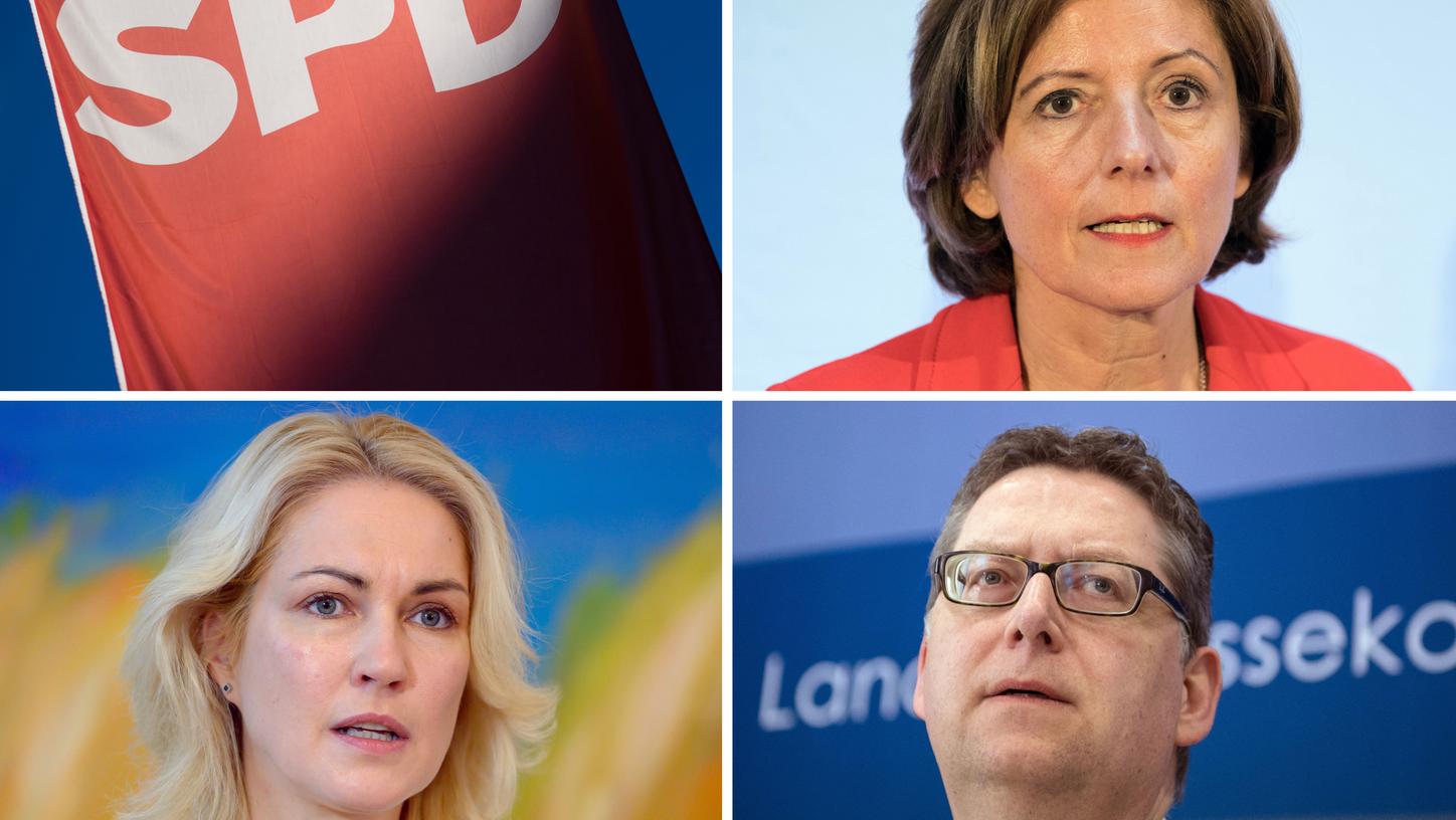 Sie übernehmen die SPD-Parteispitze kommissarisch, bis ein oder mehrere Nachfolger gefunden werden: Malu Dreyer (oben,l), Ministerpräsidentin von Rheinland-Pfalz. Manuela Schwesig (unten,l), Ministerpräsidentin von Mecklenburg-Vorpommern, und Thorsten Schäfer-Gümbel, Landesvorsitzender in Hessen.