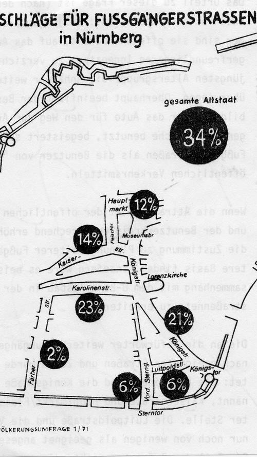 Die Nürnberger hatten ihre neue Fußgängerzone nämlich lieb gewonnen. Bei einer Umfrage erklärten im Jahr 1971 sogar 34 Prozent der Befragten, dass am besten die gesamte Altstadt zur Fußgängerzone gemacht werden sollte. Dies war freilich nicht möglich, doch die großen Favoriten - Karolinenstraße, Königstraße und Kaiserstraße -, sollten schon bald hauptsächlich den Fußgängern gewidmet werden.