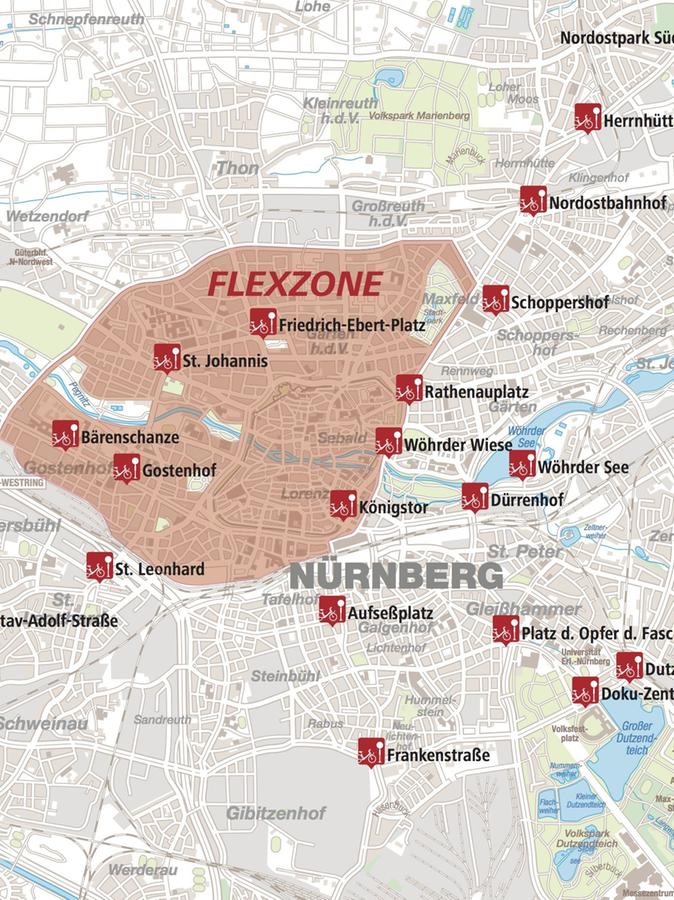 Auf dieser Karte stellt die VAG die Ausleihstationen in Nürnberg vor.