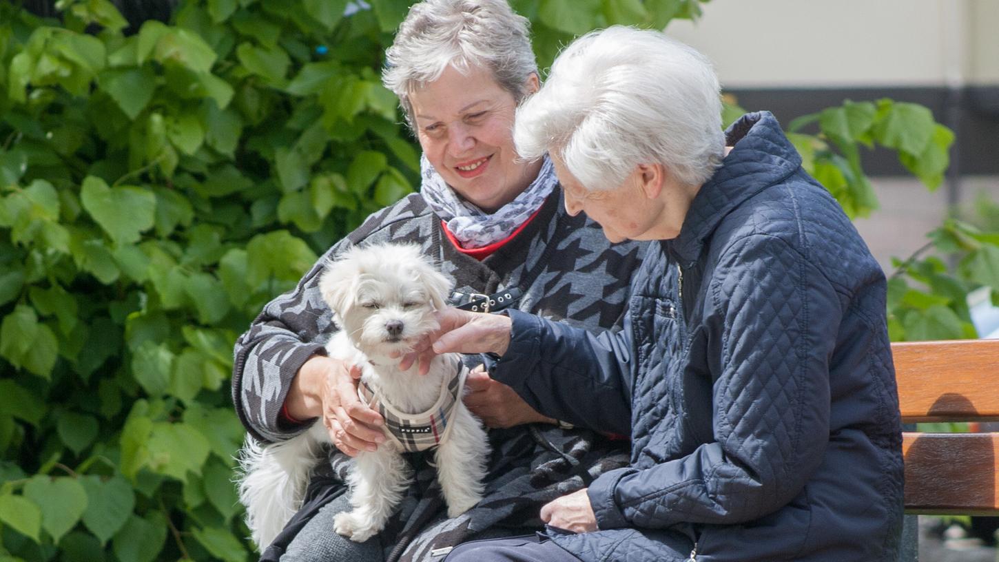Die ehrenamtliche Sterbebegleiterin Yvonne Schlüter (l) und ihr Hund Balu sitzen auf einer Parkbank mit Christine Hirschmann, die unter Demenz leidet.