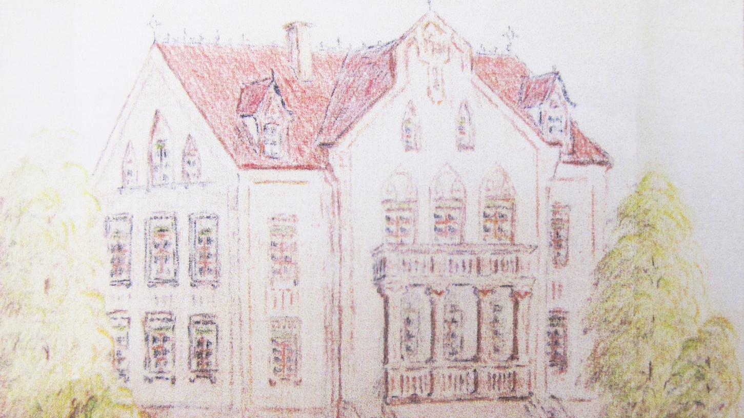 Ein Mitarbeiter der Firma Auto Greißinger schuf diese Buntstiftzeichnung der Villa 1948 nach einem Foto aus der Vorkriegszeit.