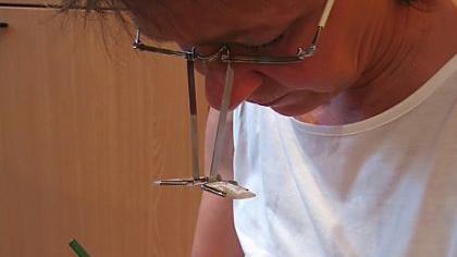 Eva Scholl untersucht eine Klebefalle auf Kugelkäfer.