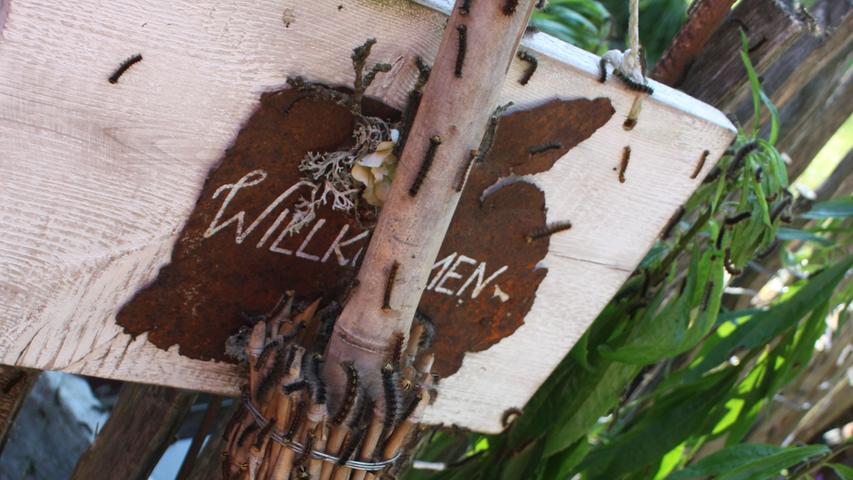 "Willkommen" steht auf dem Schild, an dem dieser Besen lehnt. Die Raupen des Schwammspinners führen diese freundliche Begrüßung ad absurdum.