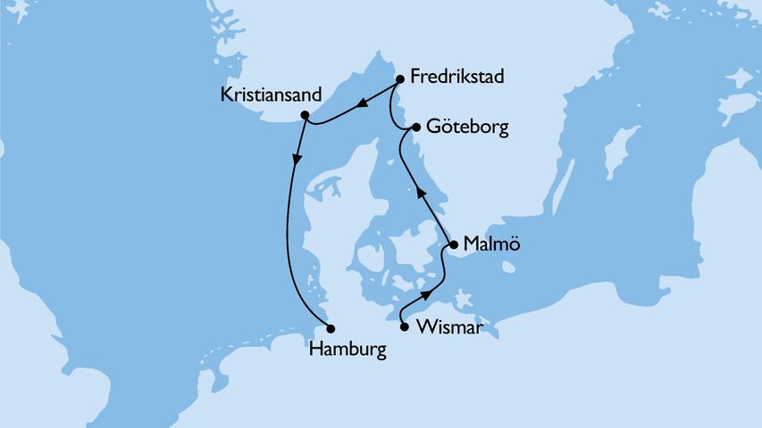 Das steht in den kommenden Tagen auf dem Programm: Von Wismar aus nach Schweden mit Malmö und Göteborg, weiter nach Norwegen mit Fredrikstad und Kristiansand. Ankunft in Hamburg.