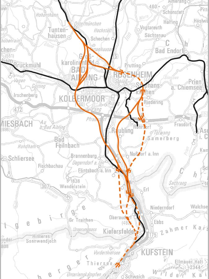 Die Grafik zeigt die möglichen Verläufe der umstrittenen Neubaustrecke im Inntal.