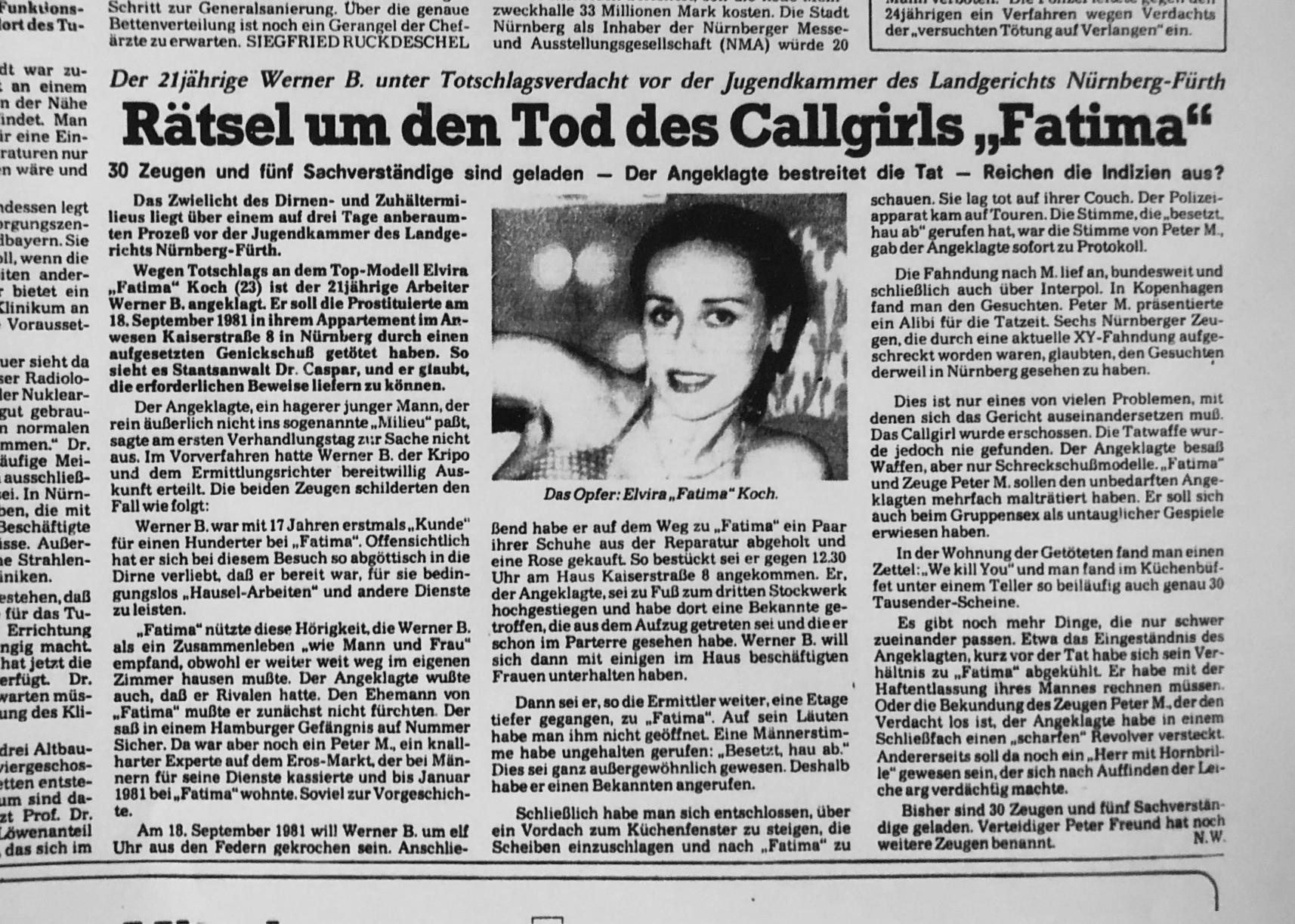 Dieser Fall elektrisierte die Stadtgesellschaft: Im September 1981 wird die Sexarbeiterin "Fatima" tot in ihrer Wohnung in der Nürnberger Kaiserstraße aufgefunden. Mehr als 800 Spuren sind die Ermittler der Mordkommission bis heute nachgegangen. Ohne Erfolg. Der Fall gehört zu den klassischen ungeklärten Altfällen (Cold Cases). Die ganze Geschichte lesen Sie hier.