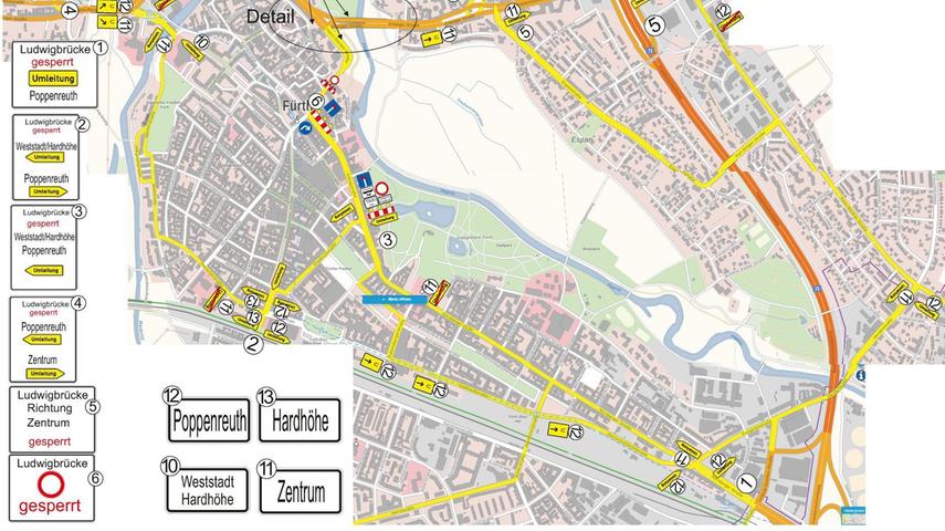Während der Sperrung werden Autofahrer großräumig umgeleitet, wie der Plan der Stadt Fürth zeigt. Während der Sperrung werden Autofahrer großräumig umgeleitet, wie der Plan der Stadt Fürth zeigt.