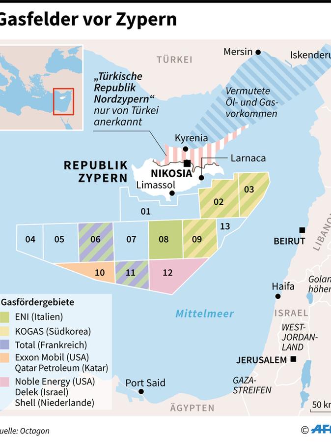 Diese Grafik zeigt die Lage der Gasfelder vor Zypern.
