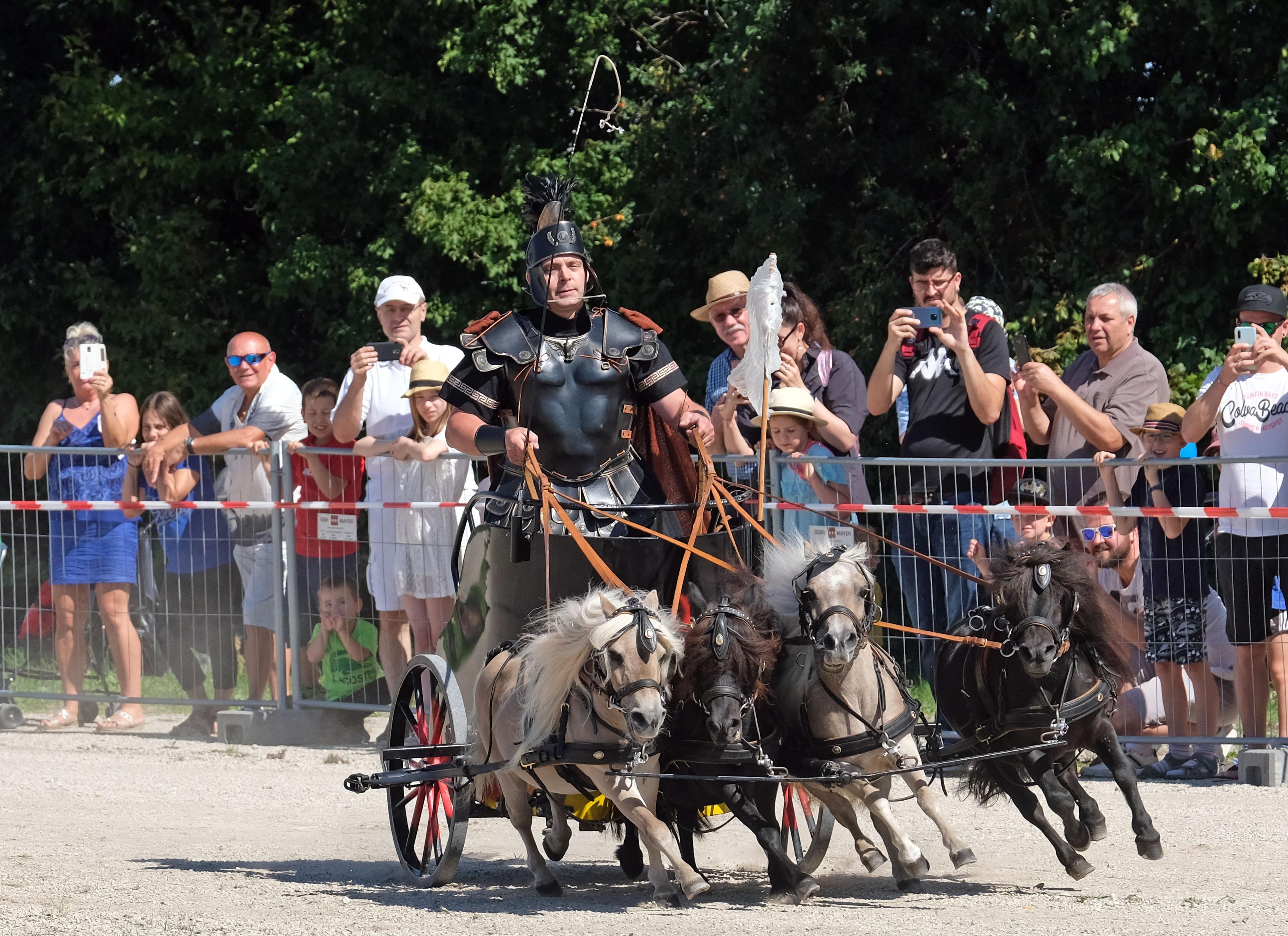 Streitherr Kuhbandner hatte seine kleinen Rabauken in guter Tradition im römischen Kampfwagen eingespannt...