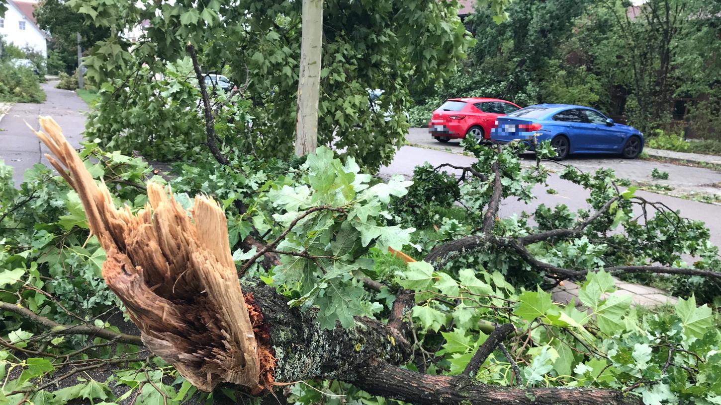 Ein Unwetter richtete am Sonntagabend in Roth und Umgebung schwere Schäden an. Mindestens 30 Autos wurden durch umstürzende Bäume beschädigt.