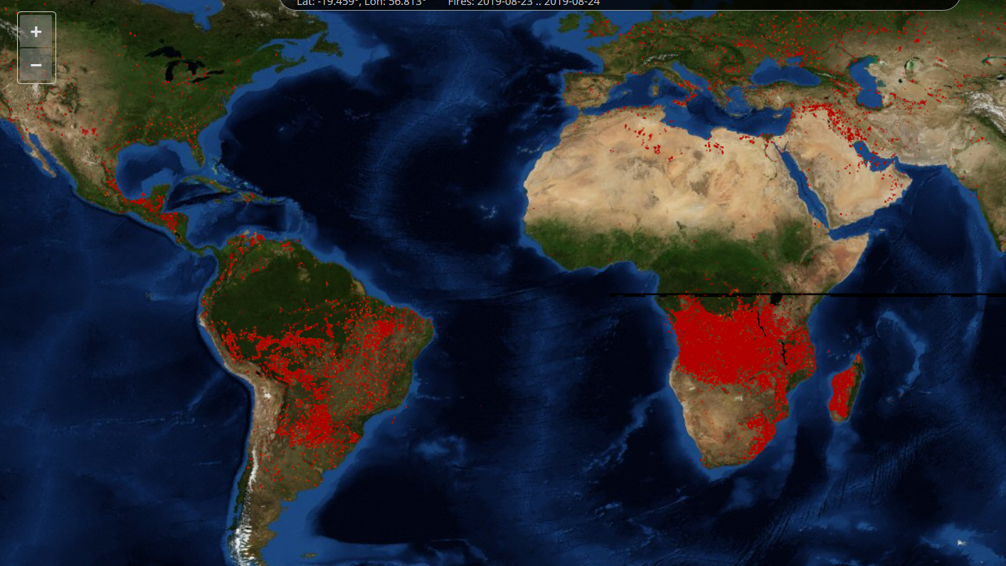 Die Feuerweltkarte FIRMS der Nasa zeigt: In weiten Teilen von Afrika wüten die Flammen.