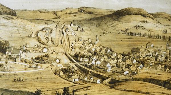 In den Anfangstagen der Bahn war Treuchtlingen kaum größer als der neue Bahnhof, wie dieser Stich aus dem 19. Jahrhundert zeigt (links das Forsthaus und das noch kleine Bahnbetriebswerk, rechts die Lambertuskirche, das Stadtschloss und darunter der Gleis-Durchstich am Perlachberg).