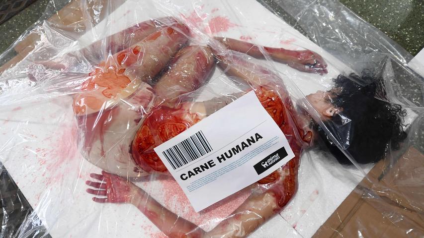 Auch in Brasilien wurde mit aufsehenserregenden Inszenierungen demonstriert: Eine Studentin liegt in einer gigantischen Fleischpackung. Vom 21. bis zum 23. September findet der UN-Klimagipfel in New York statt.