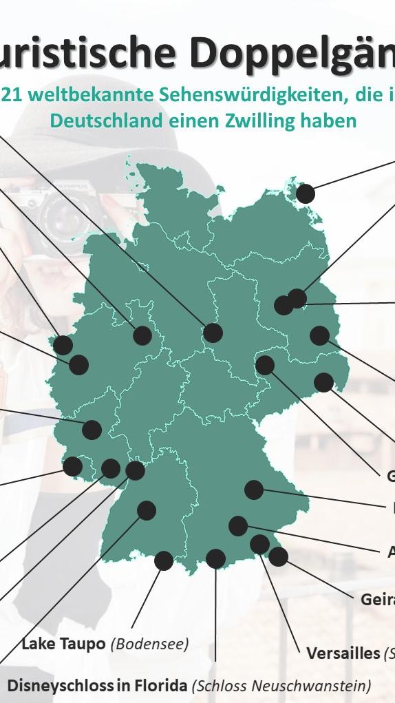 Über ganz Deutschland verteilt liegen die Sehenswürdigkeiten, die in der Welt ein großes Vorbild haben. Sehen Sie hier Bild für Bild, wo sie sie finden.