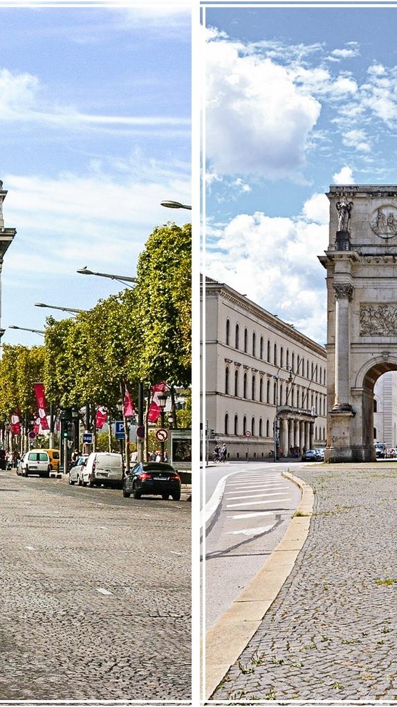 Sehenswürdigkeit mit Napoleon-Komplex Sie gehört zu den schönsten Straßen der Welt: Die Champs-Élysées. Hier finden Sie nicht nur zahlreiche Luxusläden und Souvenirshops, sondern auch eines von Frankreichs absoluten Highlights – den berühmten Triumphbogen. Zwischen 1806 und 1836 errichtet, wurde der Arc de Triomphe einst von Kaiser Napoleon zur Verherrlichung seiner Siege in Auftrag gegeben und unter Regierung des “Bürgerkönigs” Louis-Philippe am 29. Juli 1836 feierlich eingeweiht. Heute ist der 49,54 m hohe Bogen eines der beliebtesten Fotomotive in Paris. Der kleine Zwillingsbruder am Ende der Ludwigstraße Doch Sie müssen für den Triumphbogen nicht extra nach Paris reisen, schließlich finden Sie dessen touristischen Zwilling quasi direkt vor der Tür. DasSiegestorinMünchenragt zwar “nur” 24 m in die Höhe, bietet aber ein ebenso gutes Fotomotiv wie sein großer Bruder. Das Siegestor wurde etwas später zwischen 1843 und 1850 errichtet und bildet die Grenze zwischen den Münchner Stadtvierteln Maxvorstadt und Schwabing. Wie der Triumphbogen steht auch das Siegestor am Ende einer Prachtstraße – in diesem Fall der Ludwigstraße.