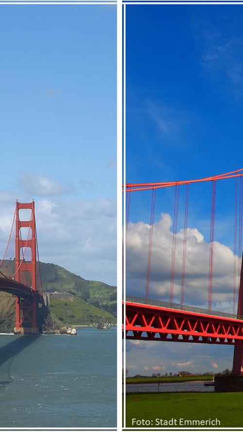 Der rote Riese Die Golden Gate Bridge gehört zu San Francisco wie wohl kaum eine andere             Sehenswürdigkeit. Mit 1.280 m Hauptstützweite und einer Gesamtlänge von 2.737 m ist sie             eine der längsten Hängebrücken der Welt. 1937 eröffnet, verbindet sie San Francisco mit             Marin County und überquert dabei die Meerenge, die ihr ihren Namen verlieh: Das             sogenannte Golden Gate, das den Pazifik mit der Bucht von San Francisco vereint.  
  
 Nice to know: Besonders berühmt ist die Golden Gate Bridge für ihre rote Farbe. Einst sollte sie grau oder                   schwarz gestrichen werden, aber die Farbe des zuvor aufgetragenen Rostschutzmittels gefiel den Bewohnern             so gut, dass es dabei blieb. 
  
 “If you’re going to…” Nordrhein-Westfalen Mit einer Gesamtlänge von 803 m und einer Stützweite von 500 m ist die Rheinbrücke               Emmerich nicht nur die nördlichste, sondern auch die ​längste Hängebrücke Deutschlands.  
  Sie überführt den Rhein und verbindet die Hansestadt Emmerich mit der Stadt Kleve. Seit              1965 ziert die Rheinbrücke die Landschaft von Nordrhein-Westfalen. Sowohl Form als auch            Farbe ähneln dem kalifornischen Zwilling so stark, dass die Hängebrücke auch scherzhaft            “Golden Gate vom Niederrhein”​ genannt wird.