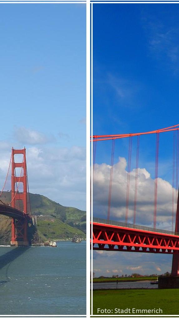 Der rote Riese Die Golden Gate Bridge gehört zu San Francisco wie wohl kaum eine andere Sehenswürdigkeit. Mit 1.280 m Hauptstützweite und einer Gesamtlänge von 2.737 m ist sie eine der längsten Hängebrücken der Welt. 1937 eröffnet, verbindet sie San Francisco mit Marin County und überquert dabei die Meerenge, die ihr ihren Namen verlieh: Das sogenannte Golden Gate, das den Pazifik mit der Bucht von San Francisco vereint. Nice to know: Besonders berühmt ist die Golden Gate Bridge für ihre rote Farbe. Einst sollte sie grau oder schwarz gestrichen werden, aber die Farbe des zuvor aufgetragenen Rostschutzmittels gefiel den Bewohnern so gut, dass es dabei blieb. “If you’re going to…” Nordrhein-Westfalen Mit einer Gesamtlänge von 803 m und einer Stützweite von 500 m ist die Rheinbrücke Emmerich nicht nur die nördlichste, sondern auch die längste Hängebrücke Deutschlands. Sie überführt den Rhein und verbindet die Hansestadt Emmerich mit der Stadt Kleve. Seit 1965 ziert die Rheinbrücke die Landschaft von Nordrhein-Westfalen. Sowohl Form als auch Farbe ähneln dem kalifornischen Zwilling so stark, dass die Hängebrücke auch scherzhaft “Golden Gate vom Niederrhein” genannt wird.