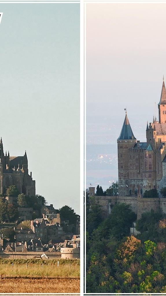 Das Kloster im Wattenmeer Auf einer Insel im Wattenmeer der Normandie gelegen, befindet sich mit dem Mont Saint Michel ein Kloster der besonderen Art. Etwa einen Kilometer von der Küste entfernt und rund 55.000 m² groß, gilt die Klosterburg als eines der teuersten Bauprojekte des Mittelalters. Bis in die 1960er Jahre hinein bewohnten Benediktiner den Mont Saint Michel, seit 2001 ist er Heimat der Ordensleute der Gemeinschaften von Jerusalem. Jährlich besuchen schätzungsweise 3,5 Millionen Menschen die Insel – kein Wunder, zählt sie doch seit 1979 zum UNESCO Weltkulturerbe. Der Wiederaufbau einer historischen Perle Majestätisch am Rand der schwäbischen Alb gelegen, findet sich hier mit der Burg Hohenzollern eine wahre Perle der Geschichte: 1061 wurde dieBurgerstmalshistorisch erwähnt. Nach vollständiger Zerstörung im Jahr 1423 wurde sie 1454 wieder aufgebaut. Nachdem die Burg Hohenzollern im 30-jährigen Krieg als Festung diente und mehrfach den Besitzer wechselte, zerfiel sie über die Jahrhunderte zusehends zu einer Ruine. Im 19. Jahrhundert richtete das Haus Hohenzollern die Burg wieder her. Seither befindet sie sich im Privatbesitz der Familie. Die Räumlichkeiten dienen heute unter anderem als Museum. Zwar hausten und hausen hier keine Mönche, dennoch ähnelt die Burg Hohenzollern seinem französischen Zwilling vor allem durch spitze Türme, aneinandergereihte Häuser und schlichte Mauern.