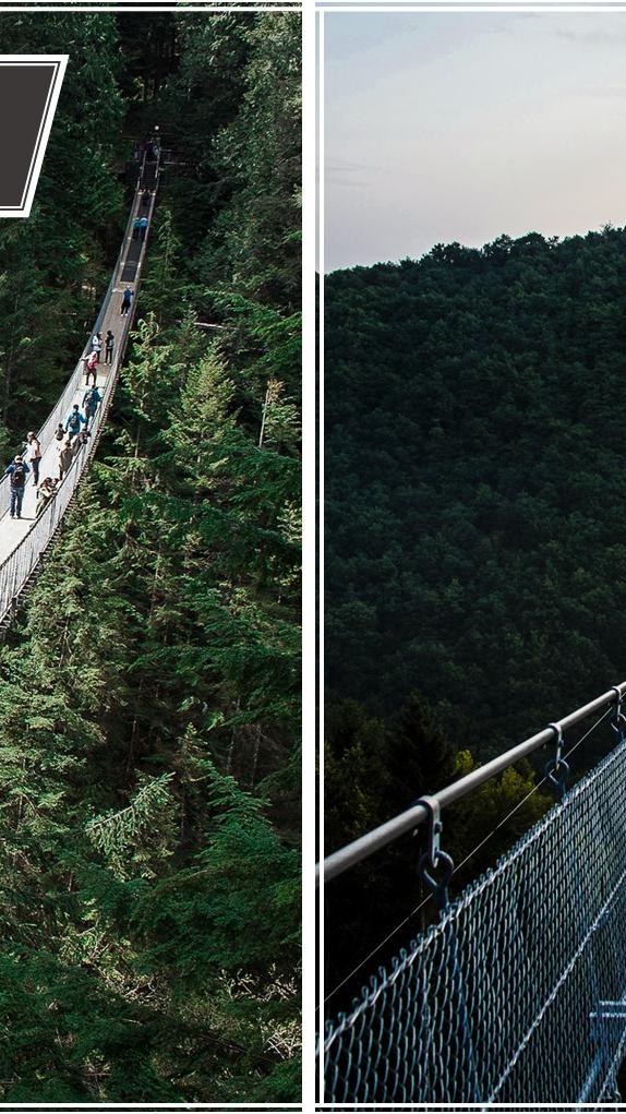 In der Wildnis von Vancouver Auf in die weite Wildnis von Kanada! Die freischwingende Seilbrücke Capilano Suspension Bridge macht es möglich, die Wälder von North Vancouver zu entdecken. Ganze 136 m lang,überspanntsiedenCapilanoRiverin70MeternHöhe.Die Seilbrücke wurde bereits Ende des 19. Jahrhunderts errichtet und diente als Schauplatz für Serien wie MacGyver, Sliders und The Crow. Der große Zwilling in Rheinland-Pfalz Im Herzen des Hunsrück sorgt die sogenannte Geierlay für Nervenkitzel und Adrenalinschübe. Mit einer Länge von 360 Metern ist die Brücke mehr als doppelt so lang wie ihr kanadischer Zwilling – ein Grund mehr, eher in Deutschland zu bleiben. In schwindelerregender Höhe von 100 m überragt die Geierlay-Brücke das Mörsdorfer Bachtal und verbindet damit die Ortsgemeinden Mörsdorf und Sosberg. Im Oktober 2015 wurde die Geierlay in Rekordzeit fertiggestellt; denn Baubeginn der Hängeseilbrücke war erst im Mai 2015. In den letzten drei Jahren zählte sie insgesamt 750.000 Besucher. Musikalisches Highlight: Um die Geierlay zu überqueren, erfordert es bei der Höhe und Länge schon einiges an Mut. Da wundert es wenig, dass der DSDS-Kandidat Joey Heindle für das Video seines neuen Hits “Courage” auf der Hängebrücke performte.