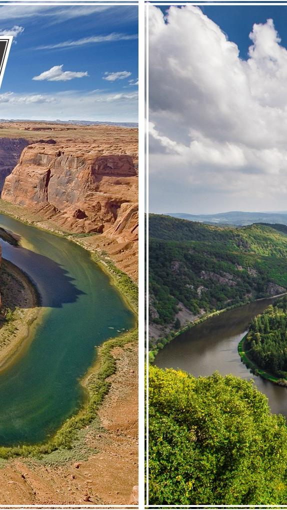 Wenn Wassermassen sich ihren Weg bahnen Mächtig und elegant durchfließt der Colorado River diehufeisenförmigeFlussschlingeim US-Bundesstaat Arizona, genannt Colorado River Horseshoe. Als größter Fluss im Südwesten Nordamerikas bahnten sich die Wassermassen des Colorado River bereits ihren Weg durch den etwa 100 Meilen entfernten Grand Canyon. Um den Horseshoe in seiner Ganzheit zu betrachten, können Besucher nach einem Fußweg von nur einem Kilometer eine Aussichtsplattform erreichen. Doch Achtung! Es ist keine Absperrung vorhanden – die steilen Felswände führen 300 m in die Tiefe. Der grüne Zwilling in Deutschland Blicken Besucher auf die Saarschleife hinunter, wirkt es fast, als würden sie sich in einem grün bewachsenen, idyllischen Arizona befinden – aber nein, für diese Aussicht muss man nicht erst 9.000 km fliegen. Denn diesen Ausblick gibt es tatsächlich im Saarland! Als Durchbruchstal zieht sich die Saar durch den Taunusquarzit und wird am Ufer durch Felswände begrenzt.